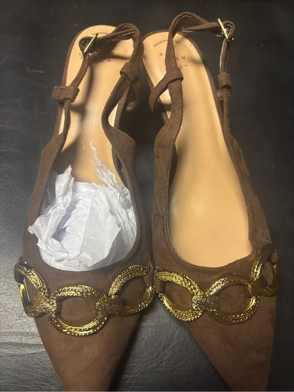 Brown Suede Pointed-Toe Slingback Flats with Gold Chain Accent